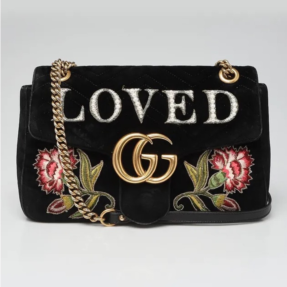 Gucci Black Embroidered Velvet Marmont Bag
